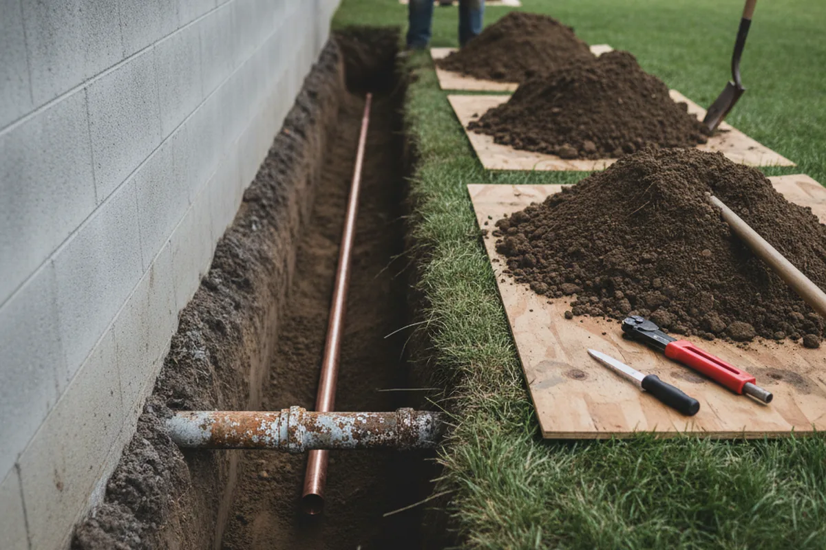 Excavated water line trench during Sewer Line Repair in Labadieville